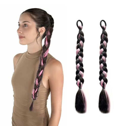 HIENAJ 2Pcs Braided Ponytail Extensions with Hair Ties Soft Synthetic Hair Pieces for Women Girls Daily Wear 16 Inch Suitable for parties, birthdays, weddings（Pink Multicolor）