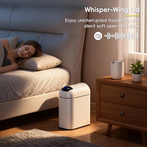 Image of EKO Astro Slim Sensor Trash Can, 10L / 2.6 Gallon Touchless Garbage Bin with Soft-Close Retractable Wing Lid, Motion Sensor Stainless Steel Garbage Can for Bathroom, Kitchen, Office, Waterproof, White