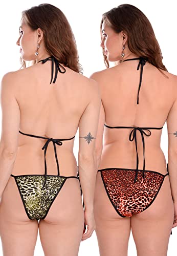 Image of Satin Animal Print Embellished Bikini Bra & Panty Lingerie Set for Women & Girls, Fits Well for Plus Size.
