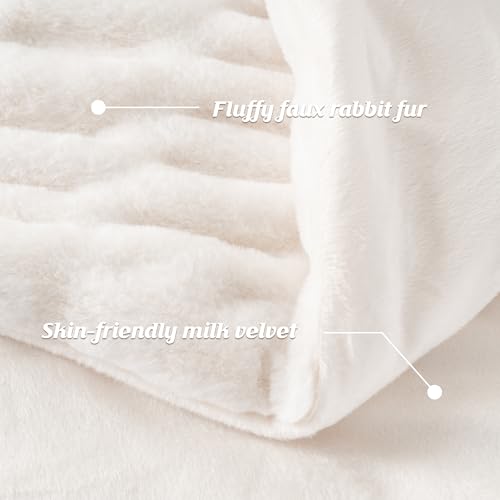 Battilo Cream Rabbit Faux Fur Throw Blanket for Couch, Soft Fluffy Ruched White Fur Blanket, Cozy Thick Warm Fuzzy Large Mink Blanket for Bed Sofa Winter 60"x80"(Cream) — view 6