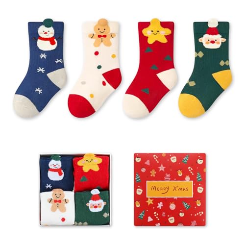 Sawnfay Kids Christmas Socks - 4 Pairs, Christmas Socks for Kids, Ideal Gift for Boy & Girl for Birthday & Christmas, Size M (3-6years)