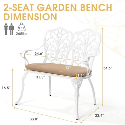 Villeston Outdoor Bench with Cushion, Cast Aluminum Double Seating with Backrest and Armrests, Mental Outdoor Furniture for Patio, Porch, Garden, Park, White Butterfly