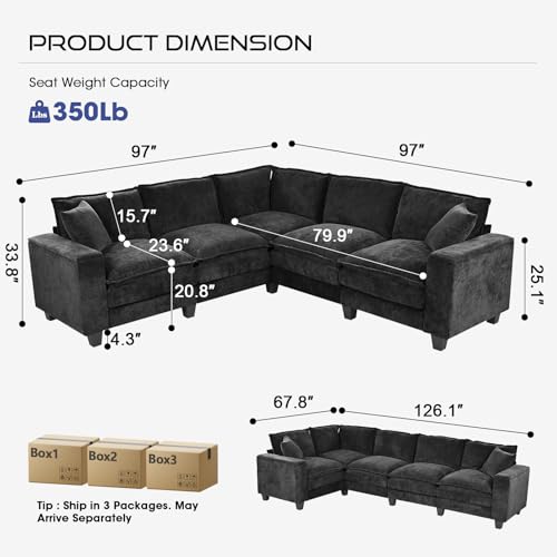 Image of 97 inch L Shaped Couch Corner Sofa, 5 Seater Oversized Cloud Couch with 2 Pillows Chenille Modular Sectional Sofa Armrests with Two Hidden Storage Space Sectional Couches for Living Room Black