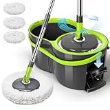 Masthome Wischmopp Set mit Eimer,Bodenwischer Set mit 3 Mikrofaser Bezug, Putzeimer mit Wischmop Pedal-Schleuder, Wischmopp Komplett Set für Bodenreinigung, Grün + Grau