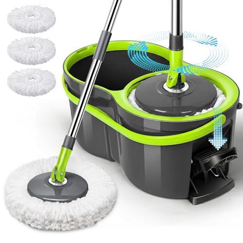 Masthome Wischmopp Set mit Eimer,Bodenwischer Set mit 3 Mikrofaser Bezug, Putzeimer mit Wischmop Pedal-Schleuder, Wischmopp Komplett Set für Bodenreinigung, Grün + Grau