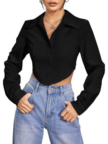 Image of GRECIILOOKS Women`s Oversized Fit Crop Top Shirt | Casual Long Sleev Stylish Collared Shirts for Womens | Comfortable Rich Korean Button Down | Formal Look Stylish Trendy Shirts