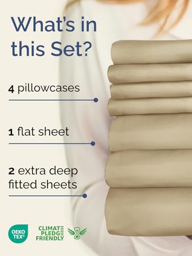 Image of Extra Deep Split King Sheet Set - 7 Piece Breathable Cooling Sheets - Beige | Hotel Luxury Bed Sheets Set, Easy & Secure Fit, Ultra-Soft, Wrinkle & Fade Free, Comfy Sheets Set with Extra Deep Pockets