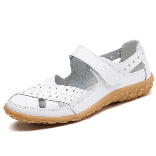 VLOOKST Womens Leather Mary Jane Shoes Arch Support Ladies Fit Flat Shoe Casual Work Office Nurse White