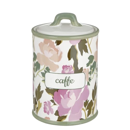 Baroni Home Pot à Café en Céramique Décoré, Pot de Rangement de Cuisine avec Couvercle Hermétique pour Sauver l’Arôme, Porte Café en Poudre de Qualité, Ligne Rose, 11x11x17 cm