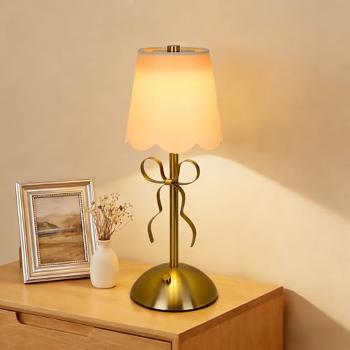 Image of Rechargeable Table Lamp,Cordless Bow Table Lamp with Touch Control,3 Color Dimmable Small LED Desk Lamp Bedside Lamp with Fabric Shade,Wireless Battery Operated Lamp for Home Bedroom Living Room Decor