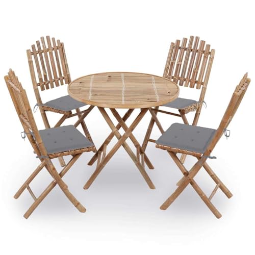 vidaXL Mobilier à Dîner d'Extérieur Pliable 5 pcs avec Coussins Salon de Jardin Ensemble de Salle à Manger de Patio Table et Chaises Terrasse Bambou