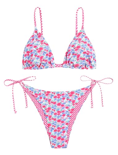 Image of ZAFUL Women's Triangle Bikini Floral String Bikini Set Two Piece Swimsuit Bathing Suits