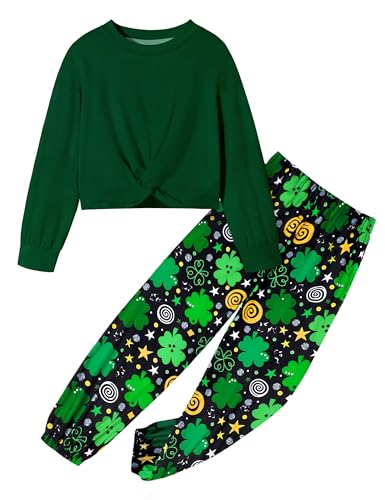 Image of NECIOUS Girls St Patricks Day Outfit St Patricks Day Outfits For Girls Fashion Twist Green Shirt Tops Print Pants 2 Piece Clothing Sets Size 14 13