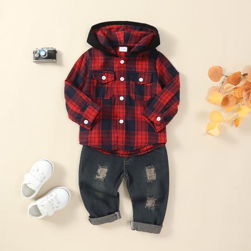 Image of Toddler Baby Boy Fall Winter Clothes Long Sleeve Plaid Hooded Sweatshirt Ripped Holes Jeans Set 1-5 Years Old