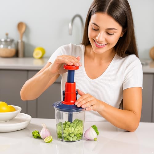 Image of JABON BAGNO 2-in-1 Food Chopper & Blender - 5 Stainless Steel Blades, 1000ml Capacity | Instant Vegetable Fruit Slicer, Manual Push Operation, Easy Clean Kitchen Tool
