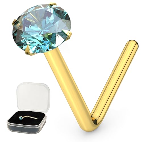 AZARIO LONDON Piercing de nez en or jaune massif 9 carats serti de zircons bleus de 1,5 mm avec pierre ronde en cristal de calibre 22