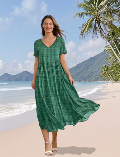 Image of YESNO Women's Summer Maxi Dresses Casual Floral Short Sleeve V Neck Boho Beach Vacation Swing Dress with Pockets EVF