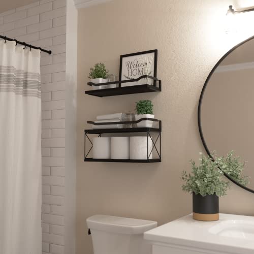 Wopitues Floating Shelves, Bathroom Shelves Over Toilet, Wall Shelves With Protective Metal Guardrail, Wood Shelves For Bathroom, Bedroom, Living Room, Kitchen, Plants, Books, Decor- Black #TOP1
