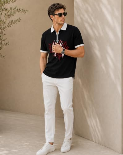 Image of AUSK Men's Waffle Texture Polo T-Shirt || Spider Graphic Printed Half Sleeve Zip Collar T Shirt for Men || Regular Fit Casual Wear Tshirt || Stylish Summer Tee for Mens
