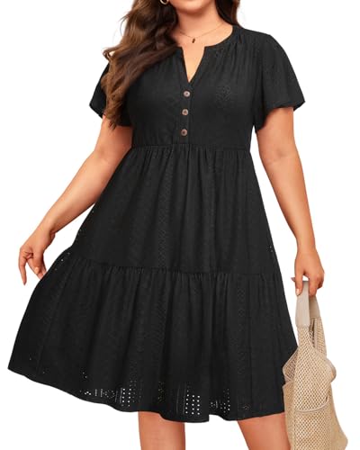 Plus Size Summer Dress - Casual Sundress Beach Short Sleeve V Neck Tiered Button Up Boho Midi Flowy Sun Dresses Women