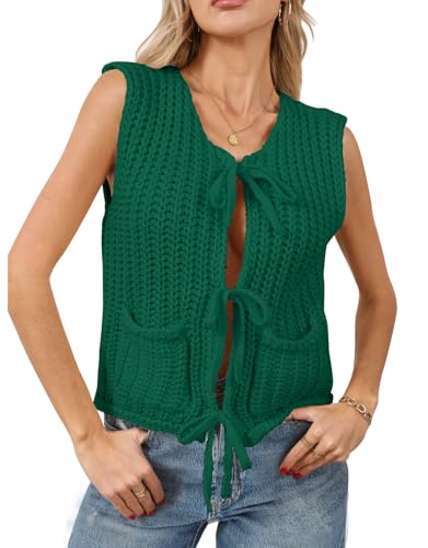 Image of Trendy Cardigan Sweater Vest Crochet Knit Top Sleeveless Bows with Pockets