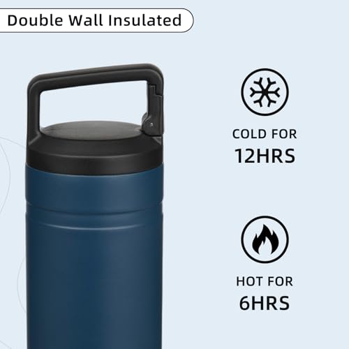 Image of BJPKPK 20 oz Insulated Travel Water Bottle, Coffee Tumbler Stainless Steel | Double Wall Vacuum, Leakproof, Thermal, Keeps Hot /Cold, Dishwasher Safe, Spill Proof, Wide Mouth, 2 Lids, Navy Blue