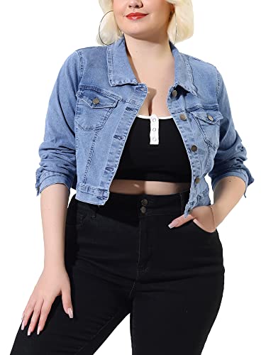 uxcell Women's Plus Size Button Cropped Denim Jacket