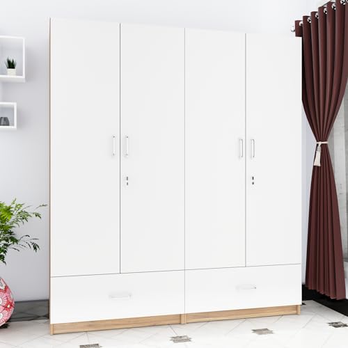 Image of VIKI Wardrobe |Wooden Almirah for 4 Door Wardrobe with 2 Split Drawer & Hanging Space (Walnut |White - 40D x 160W x 180.8H) | 1 Year Warranty | Free Assembly