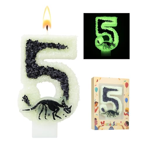 Variouslife Glow in The Dark Dinosaur Birthday Candle Number 5 for Boy Jurassic Skeleton Theme Party
