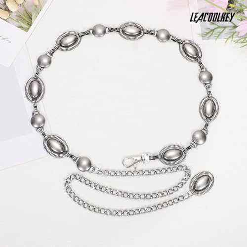 LEACOOLKEY Western Metal Chain Belt for Women Boho Decorated Waist Belt for Dresses Jeans Pants, Silver4