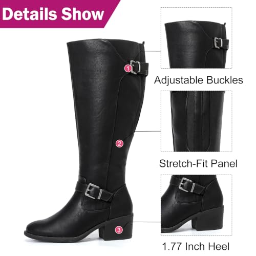 Image of Luoika Women's Extra Wide Calf Heeled Knee High Boots. | Wide Width, Winter Boots, Block Heel, Adjustable Buckle, Round toe