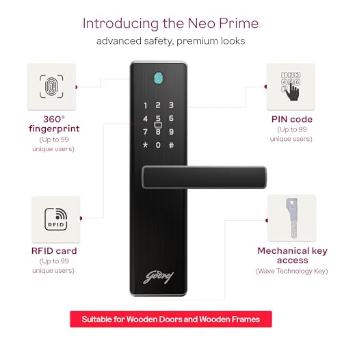 Image of Godrej 'New Launch' Smart Lock | Neo Prime Digital Lock for Wooden Door | Fingerprint, PIN, RFID Card & Mechanical Key | 4 in 1 Access | Titanium Grey |3 Yrs Warranty