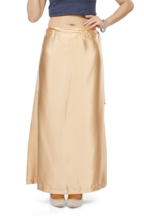 Khushboo Enterprise Satin Solid Silk Petticoat Underwear Skirt, Saree Shape Wear Dress, Free Size, Beige 38 Inches Long, Drawstring Waist
