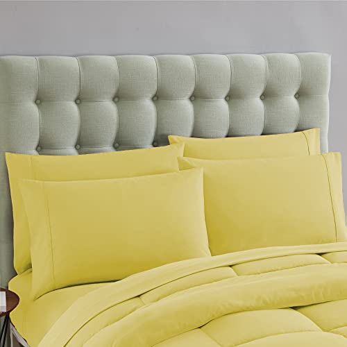 Sweet Home Collection 7 Piece Comforter Set Bag Solid Color All Season Soft Down Alternative Blanket & Luxurious Microfiber Bed Sheets, Yellow, Twin XL