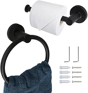 MEGAVOW 2 pcs Black Toilet Paper Holder and Towel Ring Set, Wall Mounted Toilet Roll Holder, Stainless Steel Hardware Accessory Set, for Bathroom Kitchen