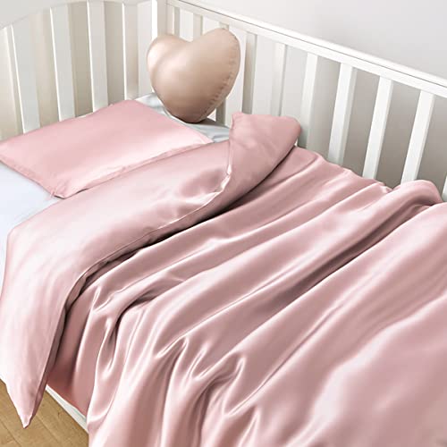 Promeed Real 22 Momme Silk Baby Crib Duvet Cover Set With Toddler Size Silk Pillowcase, 100% Grade 6A Natural Mulberry Silk Crib Bedding Sets For Boys/Girls (Pink, Crib) #TOP24