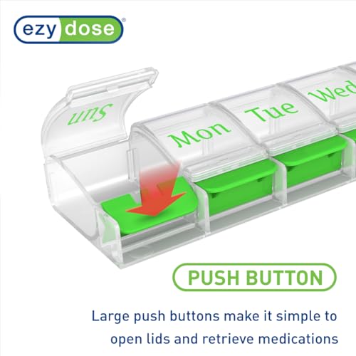 Image of Ezy Dose Weekly (7-Day) Pill Organizer, X-Large Medicine Case, Green /Clear | Daily Vitamin & Supplement Planner, Spacious Push-Button Compartments, Convenient & Easy to Use, Travel-Friendly, BPA-Free