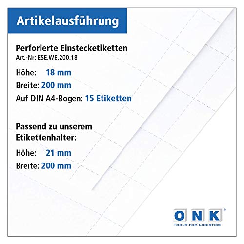 Etichette perforate 200 x 18 mm – per porta etichette 200 x 21 mm – da stampare su fogli DIN A4 (100 fogli da 15 etichette = 1500 etichette 200 x 18 mm)