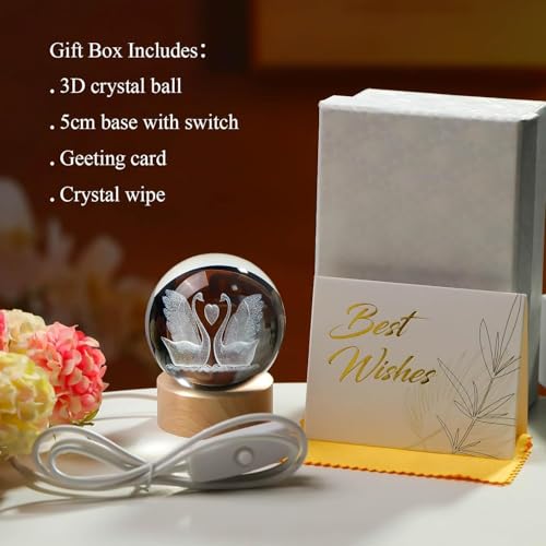 Image of 3D Flamingo Crystal Figurines with Wooden Light Base Gifts, Ball Lamp with Wooden Light Base, Ball Laser Engraved Glass Sphere Home Decor (Flamingo)