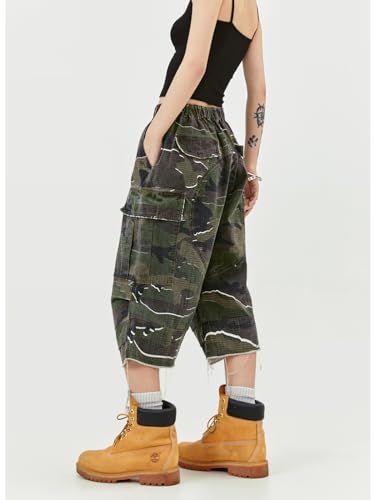 Women's High Waist Capri Jeans, Unisex Camo Denim Stretchy Waistband Multi Pockets Baggy Cargo Capris Pants for Hiking3