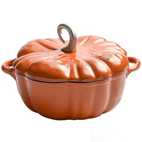 WENNEWU Cocotte Calabaza con Tapa, Cacerola de Hierro Fundido Calabaza, Olla de Cocina con Forma Calabaza, Antiadherente, para Varias Estufas, Regalo Decorativo para Halloween,Orange Style b,25cm