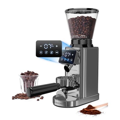 AMZCHEF Burr Coffee Grinder, 48 Settings, Less Static Mess, Metallic Silver | 40mm Burr, Low Retention, 0.5s LED Timer, Stainless Steel Body, Fit 51-54/58 Espresso Portafilter, Cleaning Brus