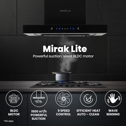 Image of Havells Mirak Lite BLDC 90cm T Shape Glass Chimney|Powerful 1500 m /hr Suction|Filterless Tech|Gesture & Touch Control|Auto Heat Clean|15 Yr Motor & 5 Yr Product Warranty| Free Installation Kit