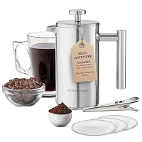 andrew james Double Walled Stainless Steel Cafetiere Gift Set With Coffee Measuring Spoon And Bag Sealing Clip | Delicious French Press Coffee | Easy to Clean (600ml, Stainless Steel)