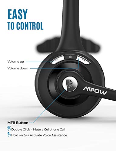 Mpow Pro Trucker Bluetooth Headset V5.0, Wireless Headphones with Microphone for Cell Phone, Office Bluetooth Headset, cVc 6.0 Noise Canceling, On Ear Headphones for Call Center, Truck Driver, Skype