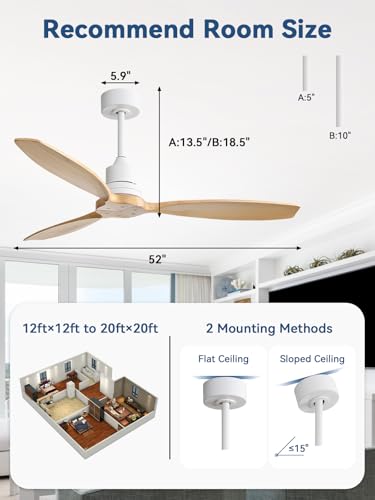 Image of Sofucor 52 Inch Solid Wood Ceiling Fans no Light, Works with App /Alexa /Google, Dimmable 6-Speed Outdoor Ceiling Fan with Remote for Indoor Bedroom Living Room Outdoor Patio Porch, Reversible DC Motor