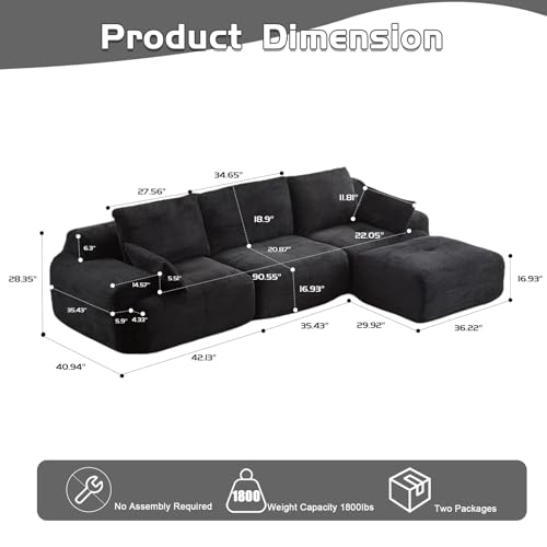 Image of L Shape Sofa Rearrangeable, Oversized Cloud Couch Sectional Modular Sofas with Detachable Ottoman, 4 Pillows and Deep Seat, Corduroy Boneless Couches Sets for Living Room, No Assembly Required, Black