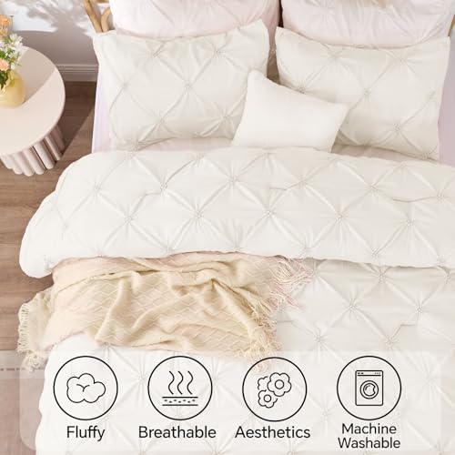 Image of BEDELITE Queen Comforter Set Cream White,Lightweight & Soft Comforter | Pintuck Boho Bedding, Warm & Cute Bed Set for All Season,With 2 Pillowcases