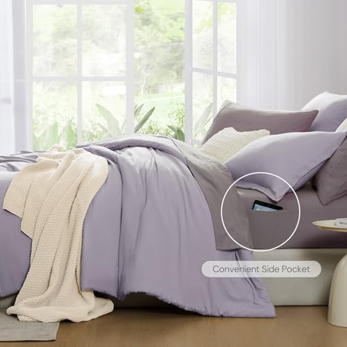 Image of Queen Comforter Set-7 Pieces Soft Prewashed Bed in a Bag Queen Bedding Sets | All Season Comforter with Sheets, Pillow Shams & Pillowcases,Lilac