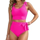 Generisch Bikini da donna in tinta unita a vita alta, costume da bagno Tankini Top con parte inferiore per sport nuoto abbigliamento da spiaggia, Colore: rosso, L